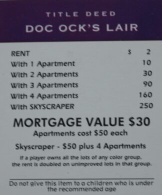 PARTS ONLY -Monopoly Board Game Spiderman Edition - "Doc Ock's Lair" Title Deed Card