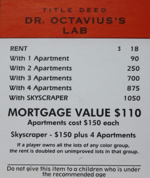 PARTS ONLY -Monopoly Board Game Spiderman Edition - "Dr Octavius's Lab" Title Deed Card