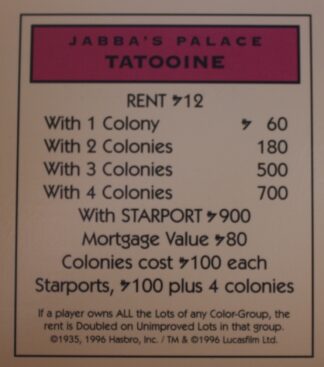 PARTS ONLY -Monopoly Star Wars Trilogy Board Game - Tatooine "Jabba's Palace" Title Deed Card