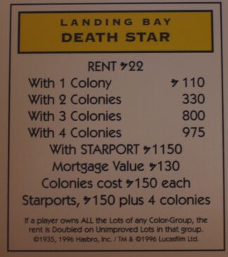 PARTS ONLY -Monopoly Star Wars Trilogy Board Game - Death Star "Landing Bay" Title Deed Card