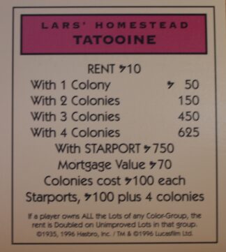 PARTS ONLY -Monopoly Star Wars Trilogy Board Game - Tatooine "Lars' Homestead" Title Deed Card