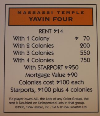 PARTS ONLY -Monopoly Star Wars Trilogy Board Game - Yavin Four "Massassi Temple" Title Deed Card