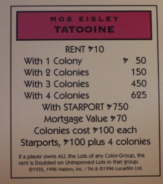 PARTS ONLY -Monopoly Star Wars Trilogy Board Game - Tatooine "Mos Eisley" Title Deed Card