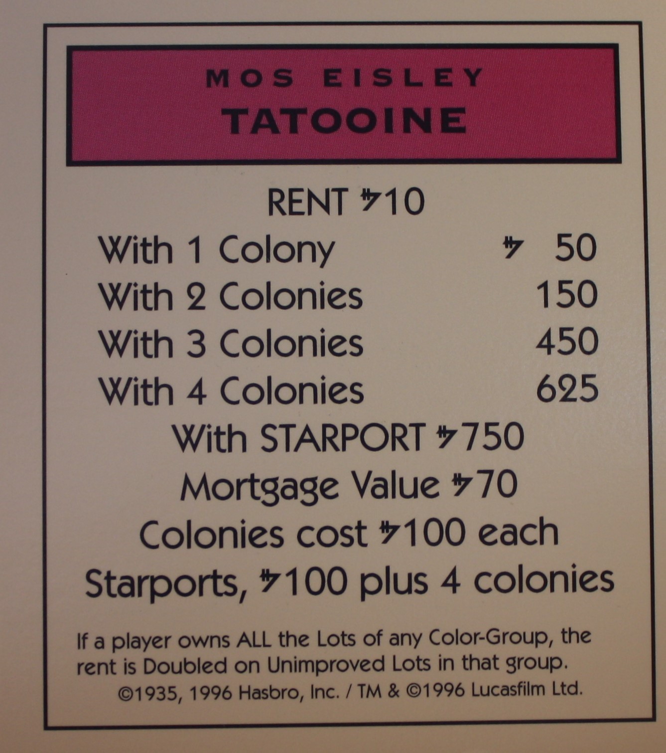 PARTS ONLY -Monopoly Star Wars Trilogy Board Game - Tatooine "Mos Eisley" Title Deed Card