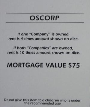 PARTS ONLY -Monopoly Board Game Spiderman Edition - "Oscorp" Title Deed Card