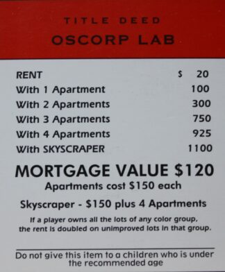 PARTS ONLY -Monopoly Board Game Spiderman Edition - "Oscorp Lab" Title Deed Card