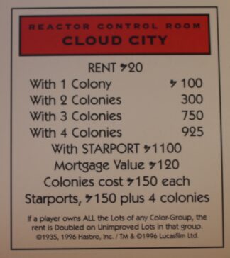 PARTS ONLY -Monopoly Star Wars Trilogy Board Game - Cloud City "Reactor Control Room" Title Deed Card