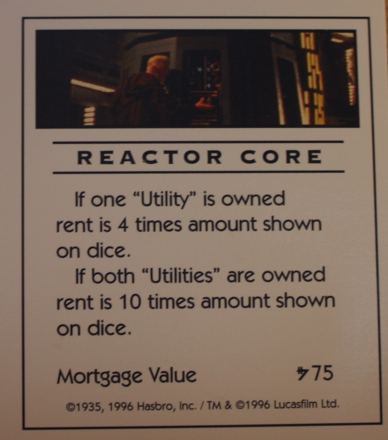 PARTS ONLY -Monopoly Star Wars Trilogy Board Game - "Reactor Core" Title Deed Card