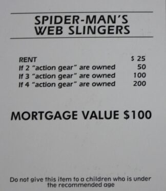 PARTS ONLY -Monopoly Board Game Spiderman Edition - "Spider-Man's Web Slingers" Title Deed Card