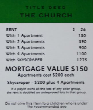PARTS ONLY -Monopoly Board Game Spiderman Edition - "The Church" Title Deed Card