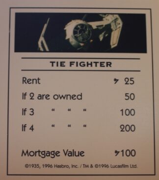 PARTS ONLY -Monopoly Star Wars Trilogy Board Game - "Tie Fighter" Title Deed Card