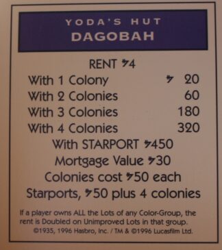 PARTS ONLY -Monopoly Star Wars Trilogy Board Game - Dagobah "Yoda's Hut" Title Deed Card