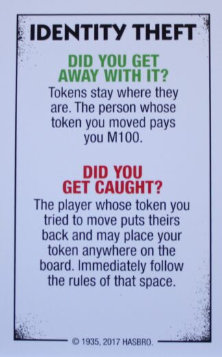 PARTS ONLY - Monopoly Board Game "Cheaters" Edition - Identity Theft Card Only