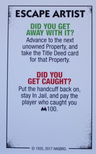 PARTS ONLY - Monopoly Board Game "Cheaters" Edition - Escape Artist Card Only