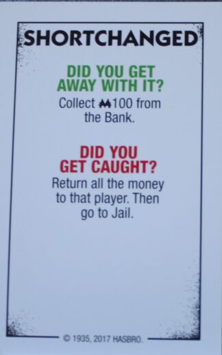 PARTS ONLY - Monopoly Board Game "Cheaters" Edition - Shortchanged Card Only