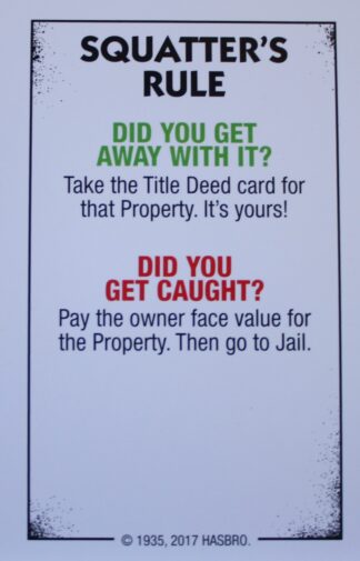 PARTS ONLY - Monopoly Board Game "Cheaters" Edition - Squatters Rule Card Only