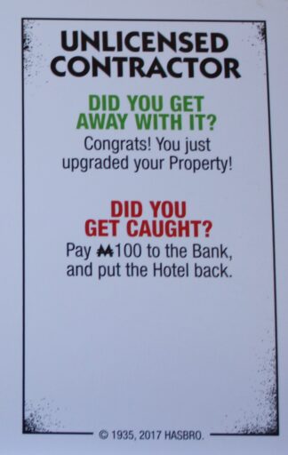 PARTS ONLY - Monopoly Board Game "Cheaters" Edition - Unlicensed Contractor Card Only
