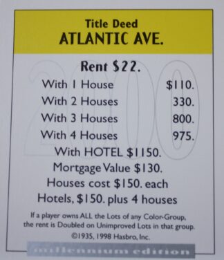 PARTS ONLY - Monopoly Board Game 2000 Millennium Tin Edition - (1) Atlantic Avenue Title Deed Card Only