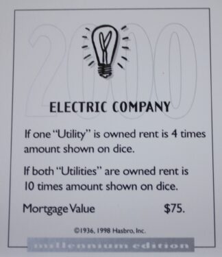 PARTS ONLY - Monopoly Board Game 2000 Millennium Tin Edition - (1) Electric Company Title Deed Card Only