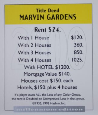 PARTS ONLY - Monopoly Board Game 2000 Millennium Tin Edition - (1) Marvin Gardens Title Deed Card Only