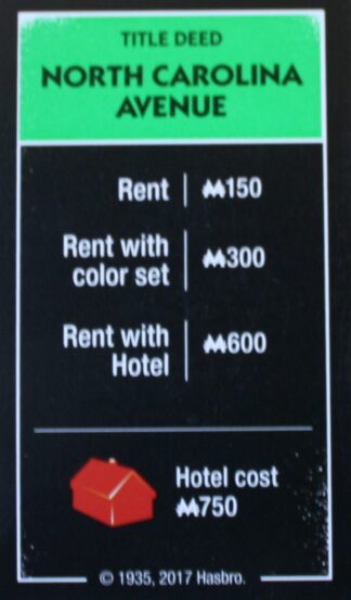 PARTS ONLY - Monopoly Board Game "Cheaters" Edition - "North Carolina Avenue" Title Deed Card Only