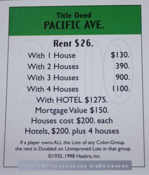 PARTS ONLY - Monopoly Board Game 2000 Millennium Tin Edition - Pacific Avenue Title Deed Card Only