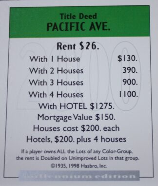 PARTS ONLY - Monopoly Board Game 2000 Millennium Tin Edition - (1) Pacific Avenue Title Deed Card Only