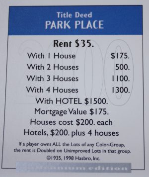 PARTS ONLY - Monopoly Board Game 2000 Millennium Tin Edition - Park Place Title Deed Card Only