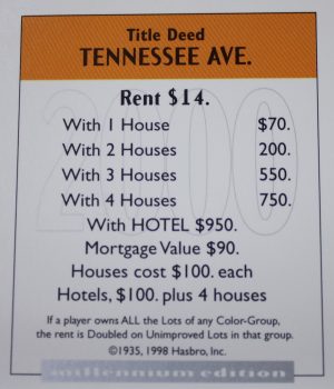 PARTS ONLY - Monopoly Board Game 2000 Millennium Tin Edition - Tennessee Avenue Title Deed Card Only