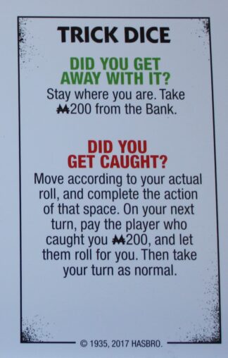 PARTS ONLY - Monopoly Board Game "Cheaters" Edition - Trick Dice Card Only