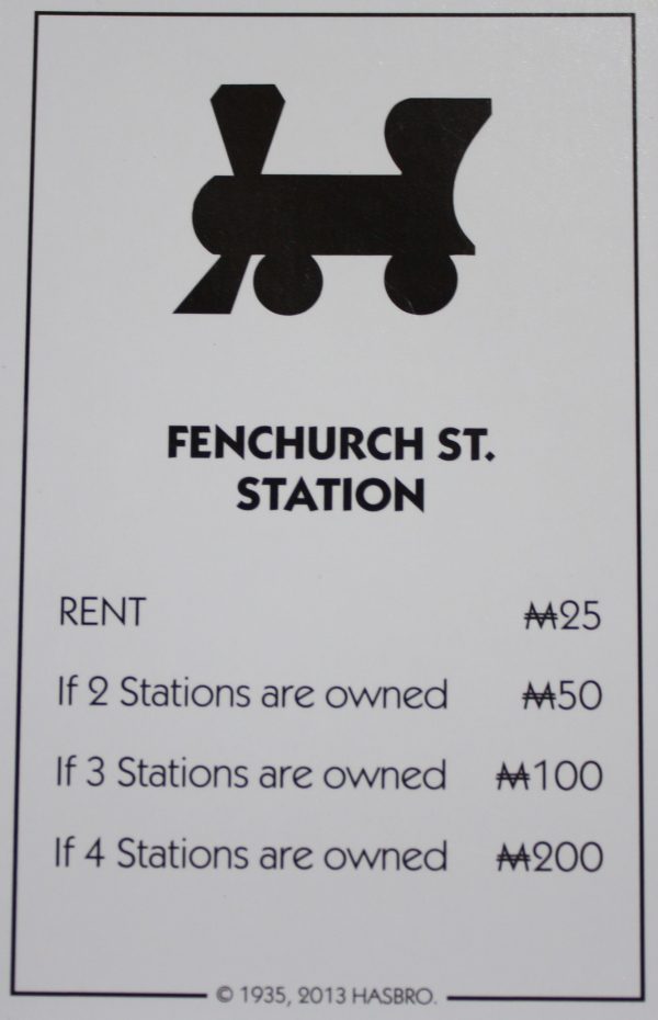 PARTS ONLY - Monopoly Board Game Hasbro 2013 Version - "Fenchurch St. Station" Card Only