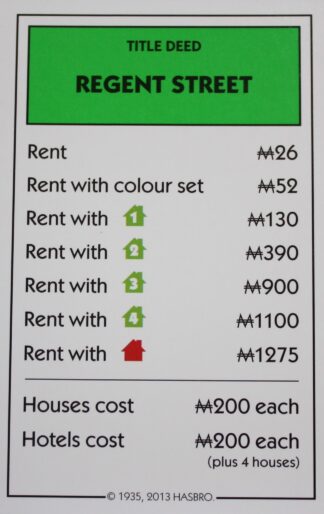 PARTS ONLY - Monopoly Board Game Hasbro 2013 Version - "Regent Street" Card Only