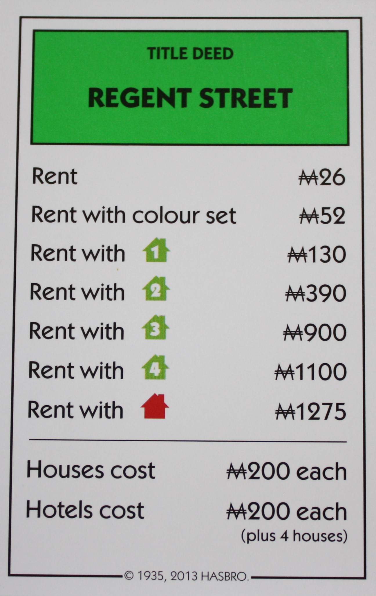 PARTS ONLY - Monopoly Board Game Hasbro 2013 Version - "Regent Street" Card Only