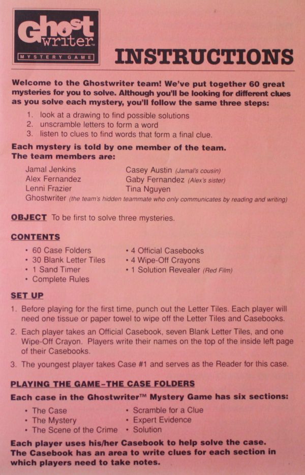 PARTS ONLY - Ghost Writer Mystery Board Game - Instructions Only