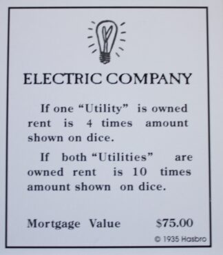 PARTS ONLY -Monopoly Board Game "1935 Deluxe First Edition Classic Reproduction" - "Electric Company" Title Deed Card