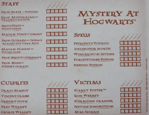 PARTS ONLY - Harry Potter Mystery at Hogwarts Board Game - Hunch Checklist Pad (22 Sheets)