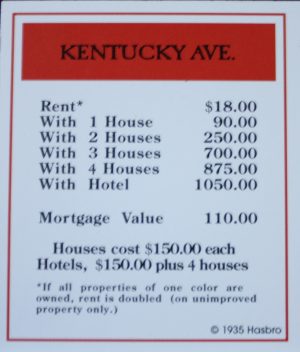 PARTS ONLY -Monopoly Board Game "1935 Deluxe First Edition Classic Reproduction" - "Kentucky Ave" Title Deed Card