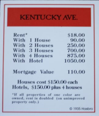 PARTS ONLY -Monopoly Board Game "1935 Deluxe First Edition Classic Reproduction" - "Kentucky Ave" Title Deed Card