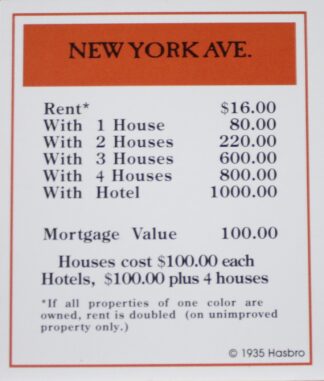 PARTS ONLY -Monopoly Board Game "1935 Deluxe First Edition Classic Reproduction" - "New York Ave" Title Deed Card Only