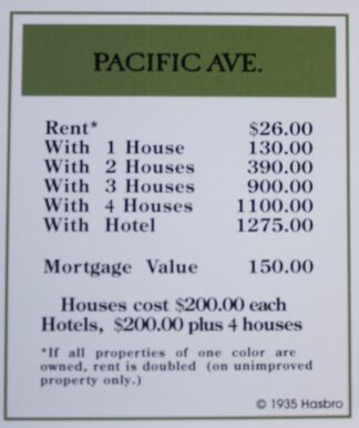 PARTS ONLY -Monopoly Board Game "1935 Deluxe First Edition Classic Reproduction" - "Pacific Ave" Title Deed Card