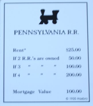 PARTS ONLY -Monopoly Board Game "1935 Deluxe First Edition Classic Reproduction" - "Pennsylvania R.R." Title Deed Card