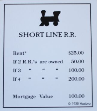 PARTS ONLY -Monopoly Board Game "1935 Deluxe First Edition Classic Reproduction" - "Short Line R.R." Title Deed Card