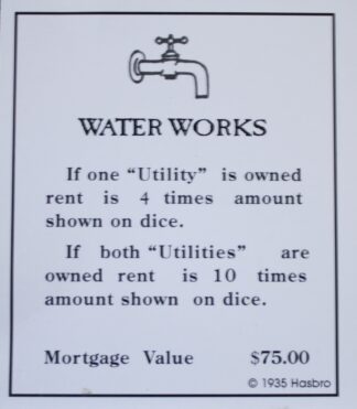 PARTS ONLY -Monopoly Board Game "1935 Deluxe First Edition Classic Reproduction" - "Water Works" Title Deed Card