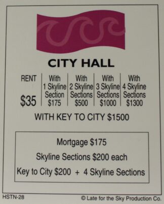 PARTS ONLY -Houston In-A-Box Board Game - "City Hall" Title Deed Card Only