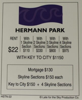PARTS ONLY -Houston In-A-Box Board Game - "Hermann Park" Title Deed Card Only