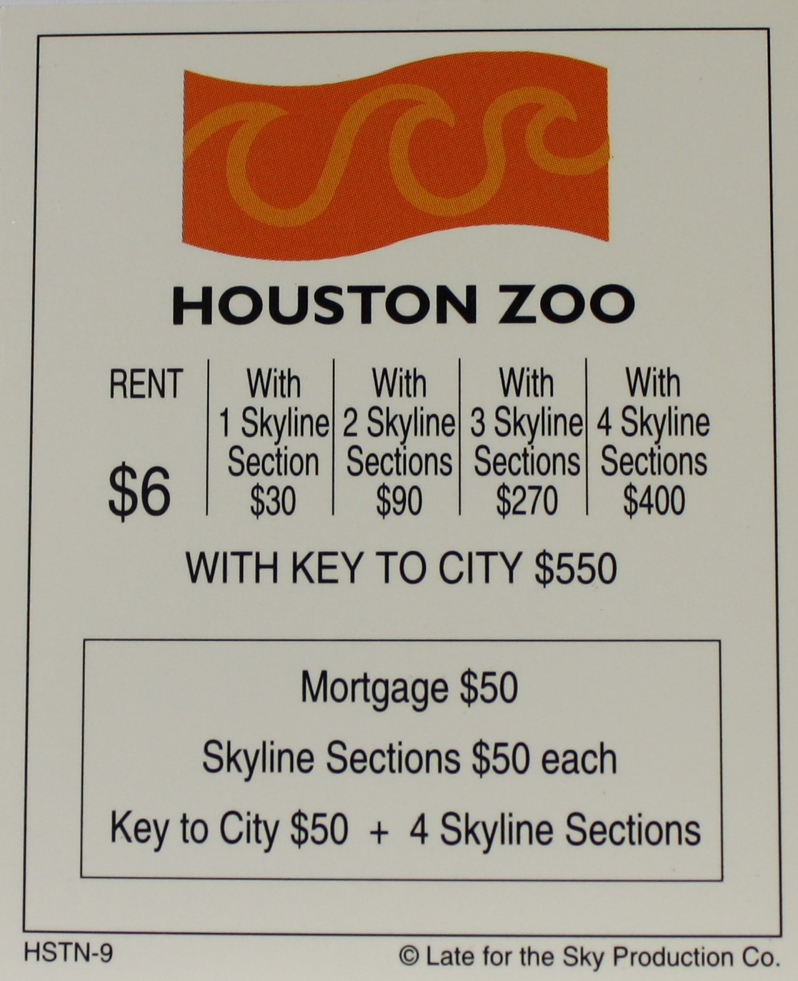 PARTS ONLY -Houston In-A-Box Board Game - "Houston Zoo" Title Deed Card Only