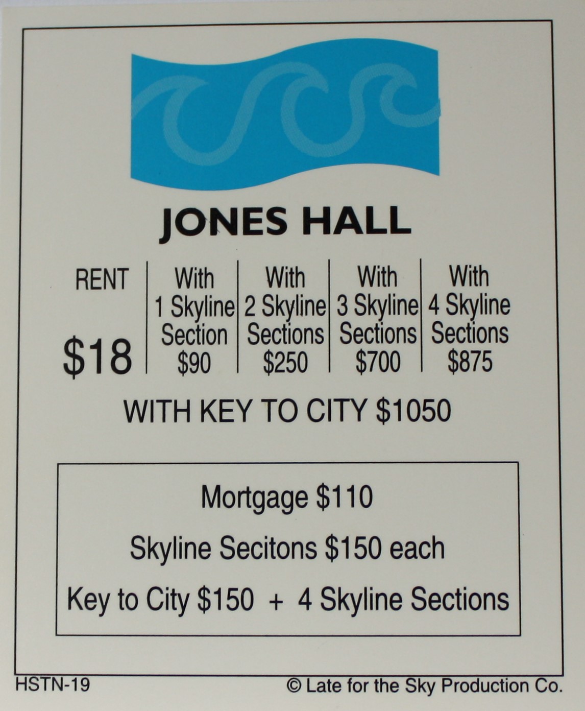 PARTS ONLY -Houston In-A-Box Board Game - "Jones Hall" Title Deed Card Only