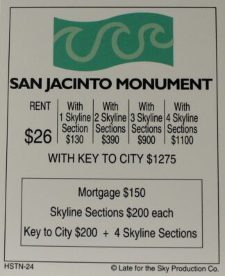 PARTS ONLY -Houston In-A-Box Board Game - "San Jacinto Monument" Title Deed Card Only