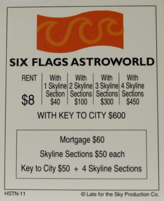PARTS ONLY -Houston In-A-Box Board Game - "Six Flags Astroworld" Title Deed Card Only