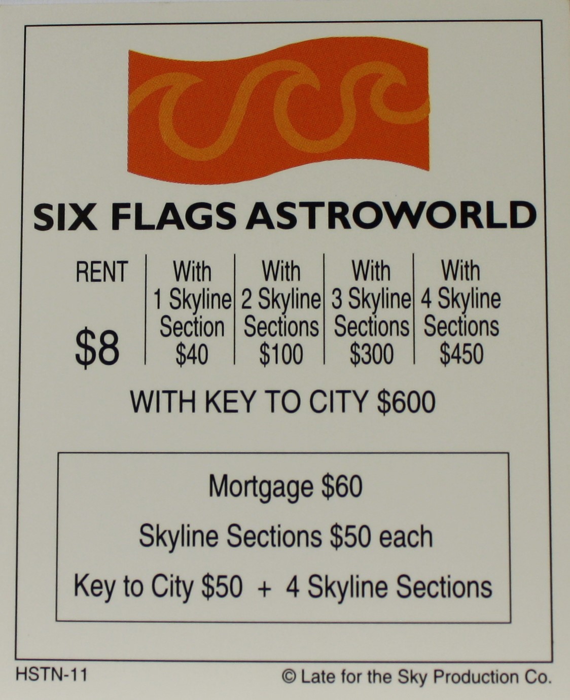 PARTS ONLY -Houston In-A-Box Board Game - "Six Flags Astroworld" Title Deed Card Only
